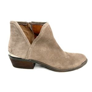 Lucky Brand Women Size 10 Taupe Suede Block Heel Boot Zip Shoe Metal Toe Heel